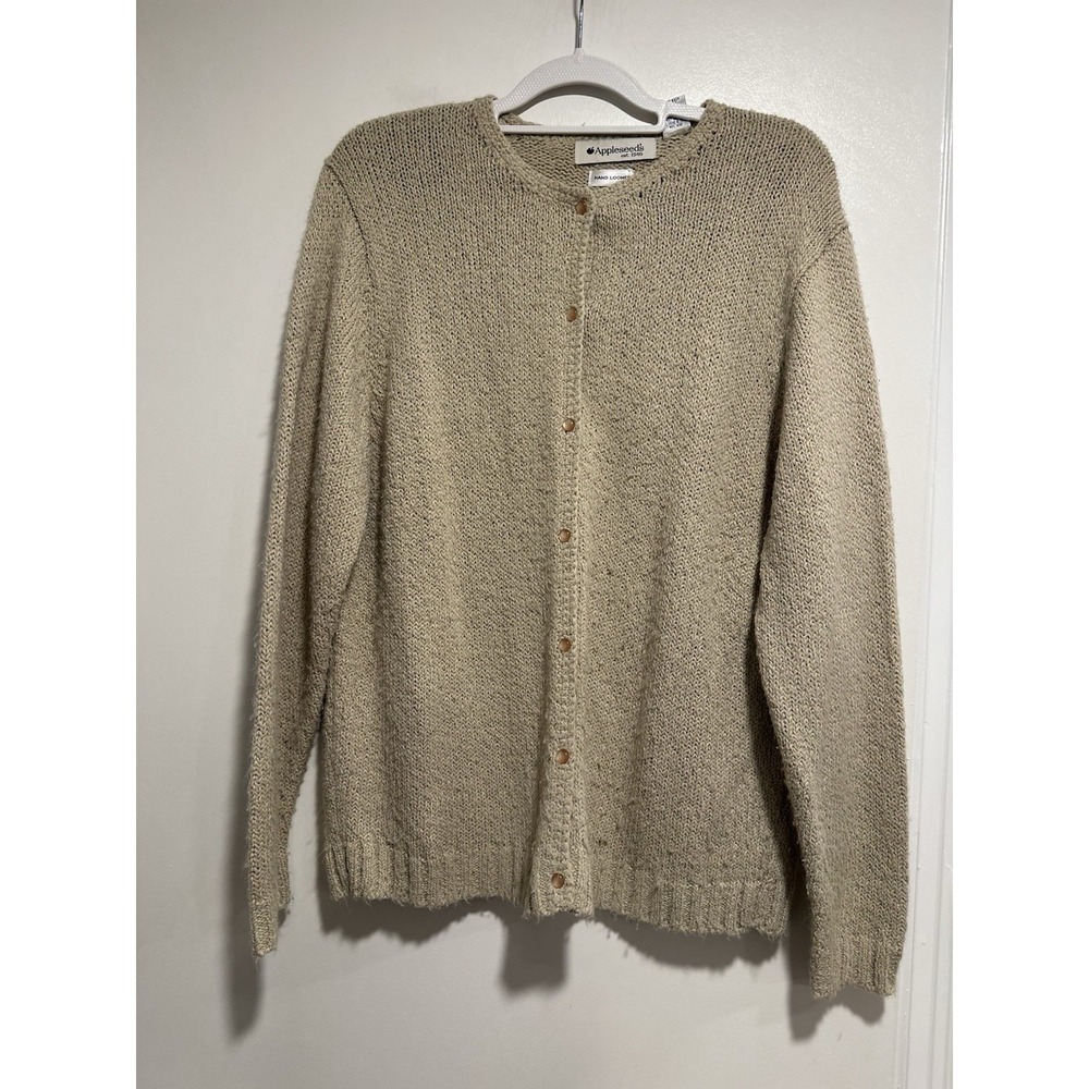 Appleseed's Minimalist Hand Loomed Cardigan Sweater Sz:L Beige Classic Acrylic